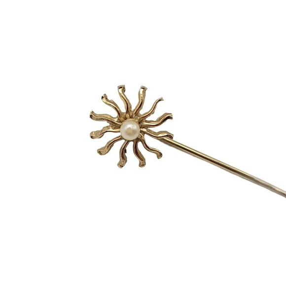 Faux Pearl Sun Celestial Gold Tone Stick Pin Vintage 2.25" Art Nouveau - Picture 1 of 4
